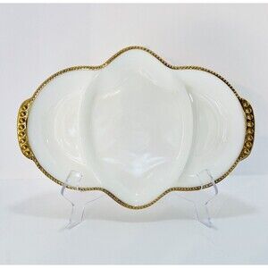 Vintage Fire King Beaded Gold Rim White Milk Glass Divided Relish Dish Tray